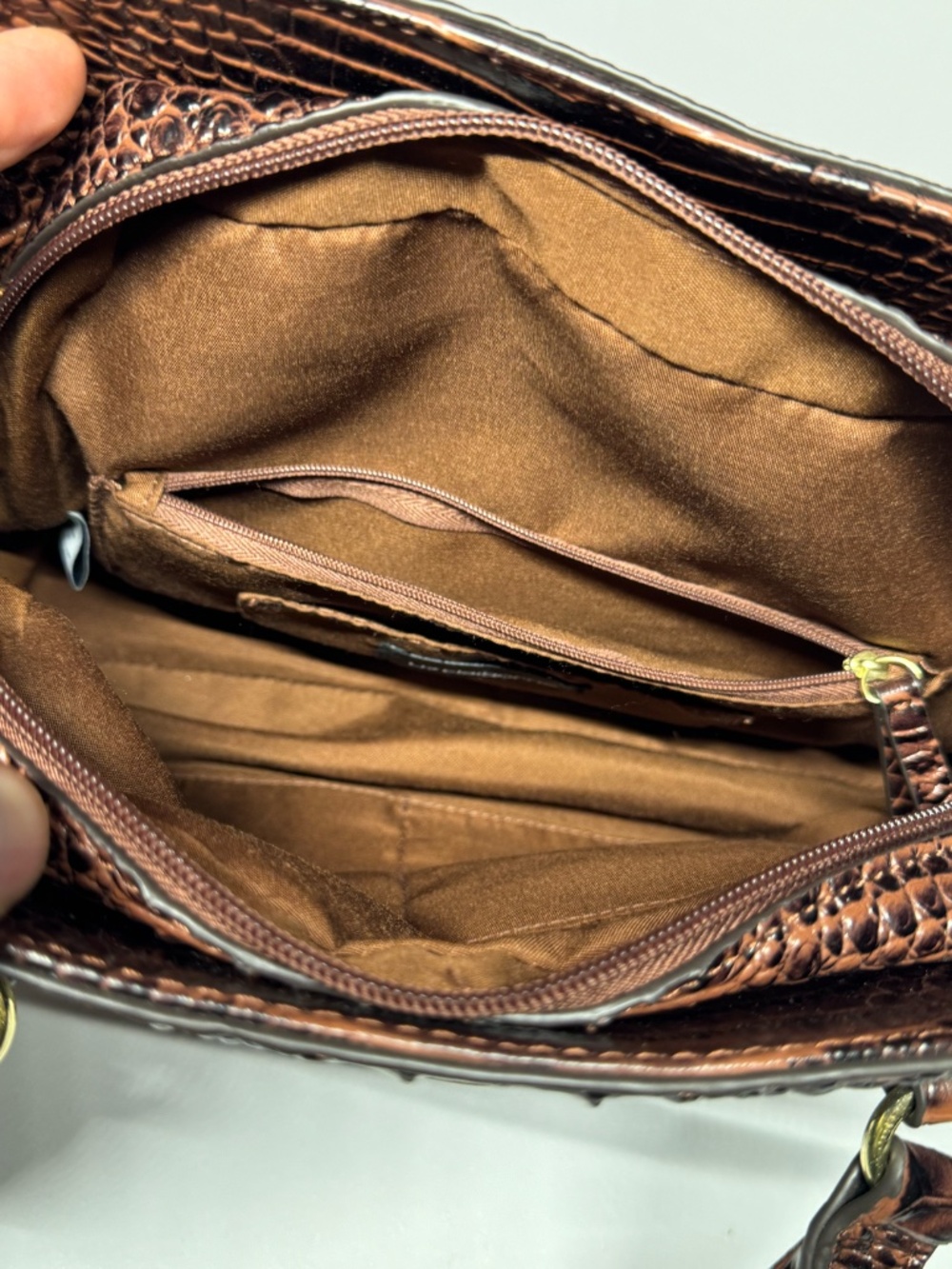 Liz Claiborne Brown Croc Embossed Satchel Handbag Faux Alligator Purse - Picture 6 of 14